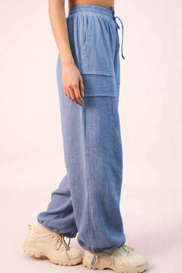 Blue Gauze Cinched Hem Pants