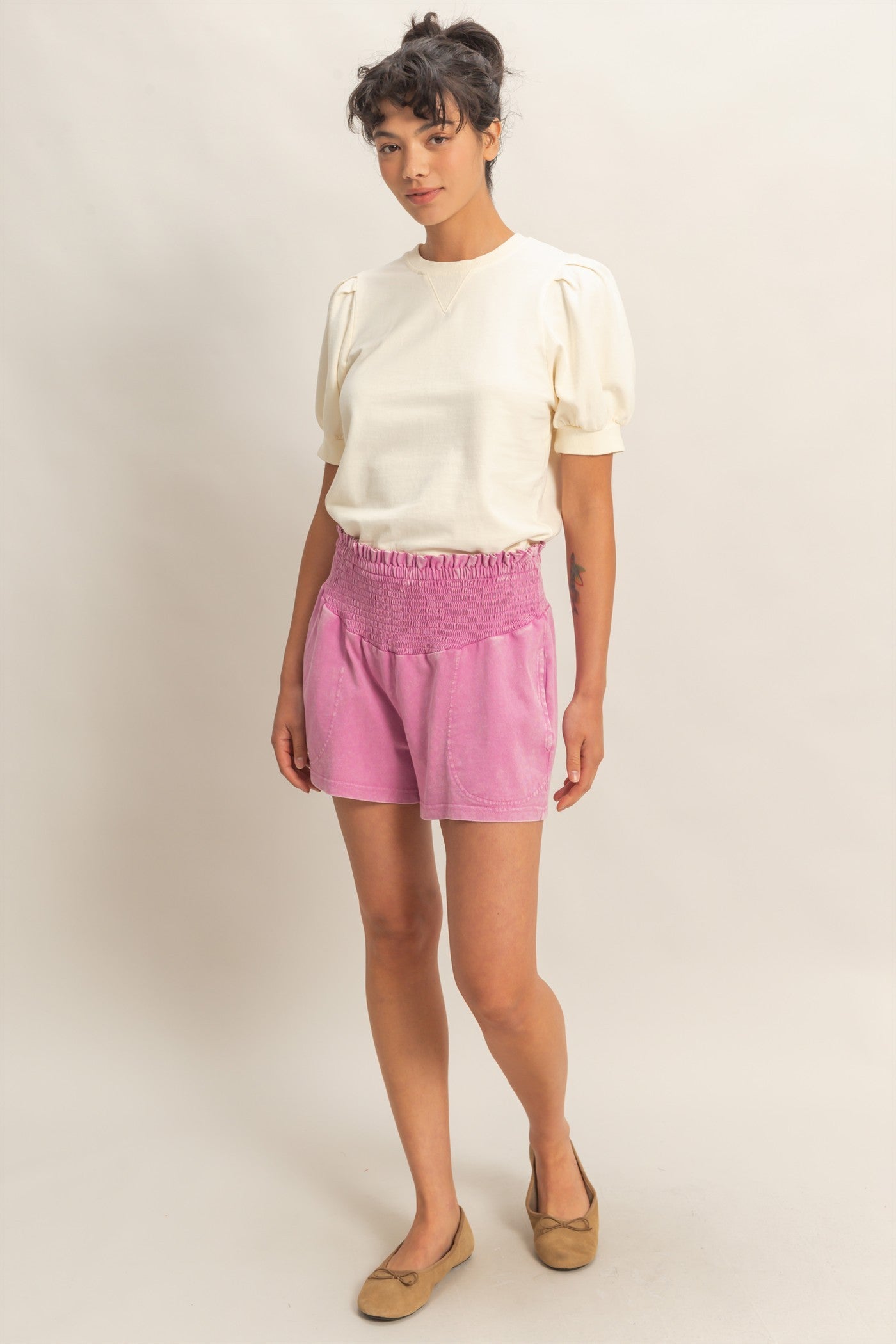 Fuchsia Smocked Waist Mineral Wash Shorts