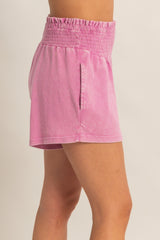 Fuchsia Smocked Waist Mineral Wash Shorts