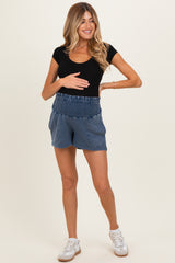 Navy Smocked Waist Mineral Wash Maternity Shorts