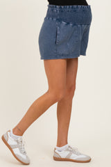 Navy Smocked Waist Mineral Wash Maternity Shorts