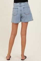 Light Denim Midi Pleated Maternity Shorts