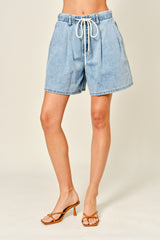 Light Denim Midi Pleated Shorts