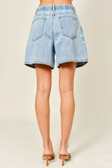Light Denim Midi Pleated Shorts