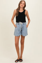 Light Denim Midi Pleated Maternity Shorts
