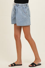 Light Denim Midi Pleated Maternity Shorts