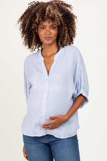 Light Blue Button Down 3/4 Sleeve Maternity Blouse