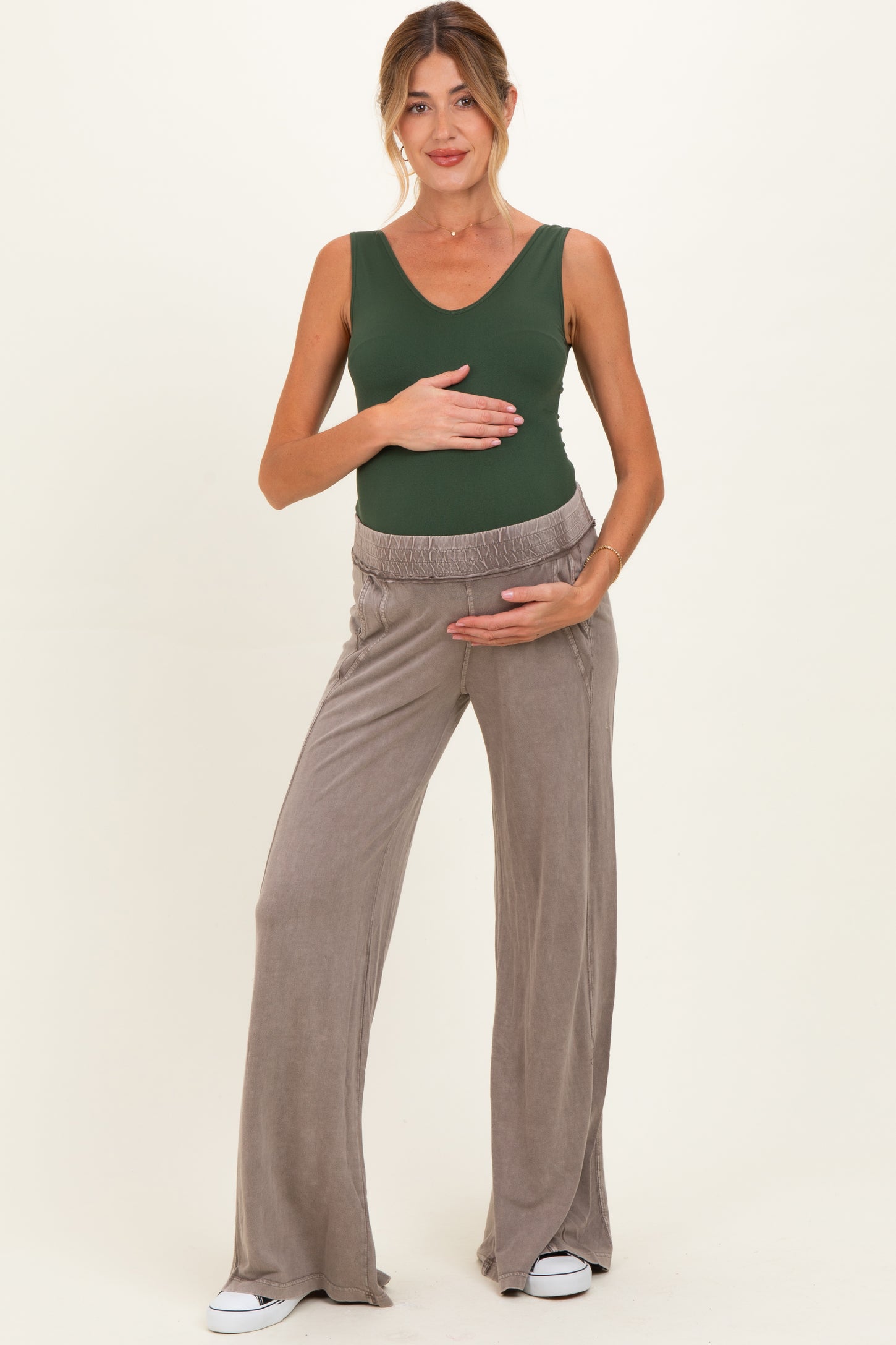 Coffee Mineral Wash Wide Leg Maternity Pants