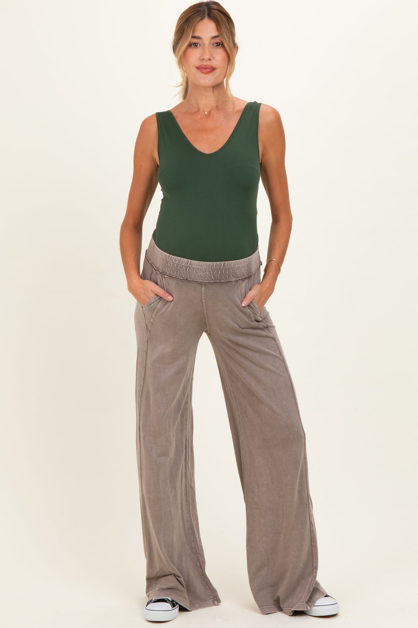 Coffee Mineral Wash Wide Leg Maternity Pants
