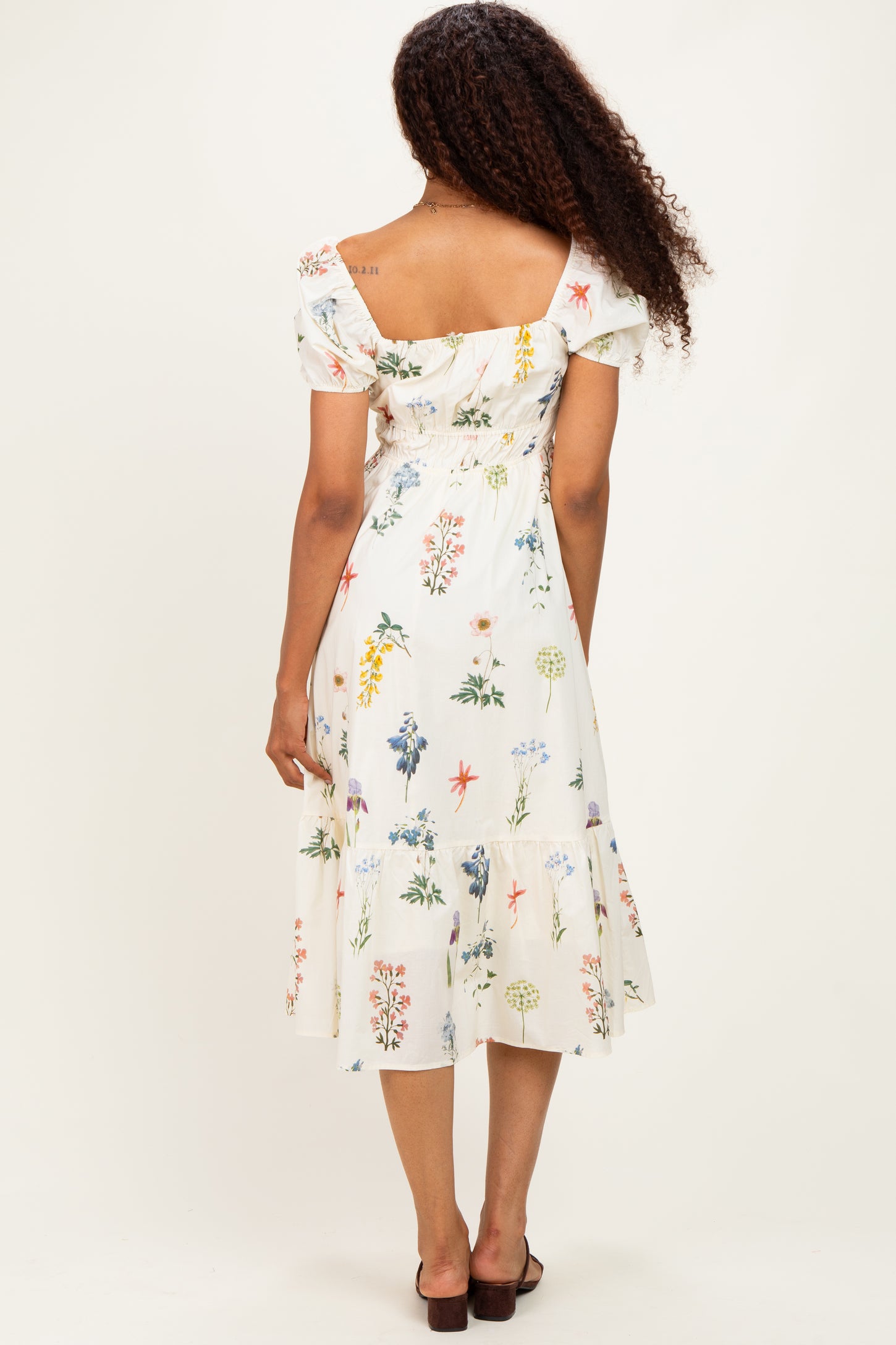 Ivory Floral Puff Sleeve Midi Dress
