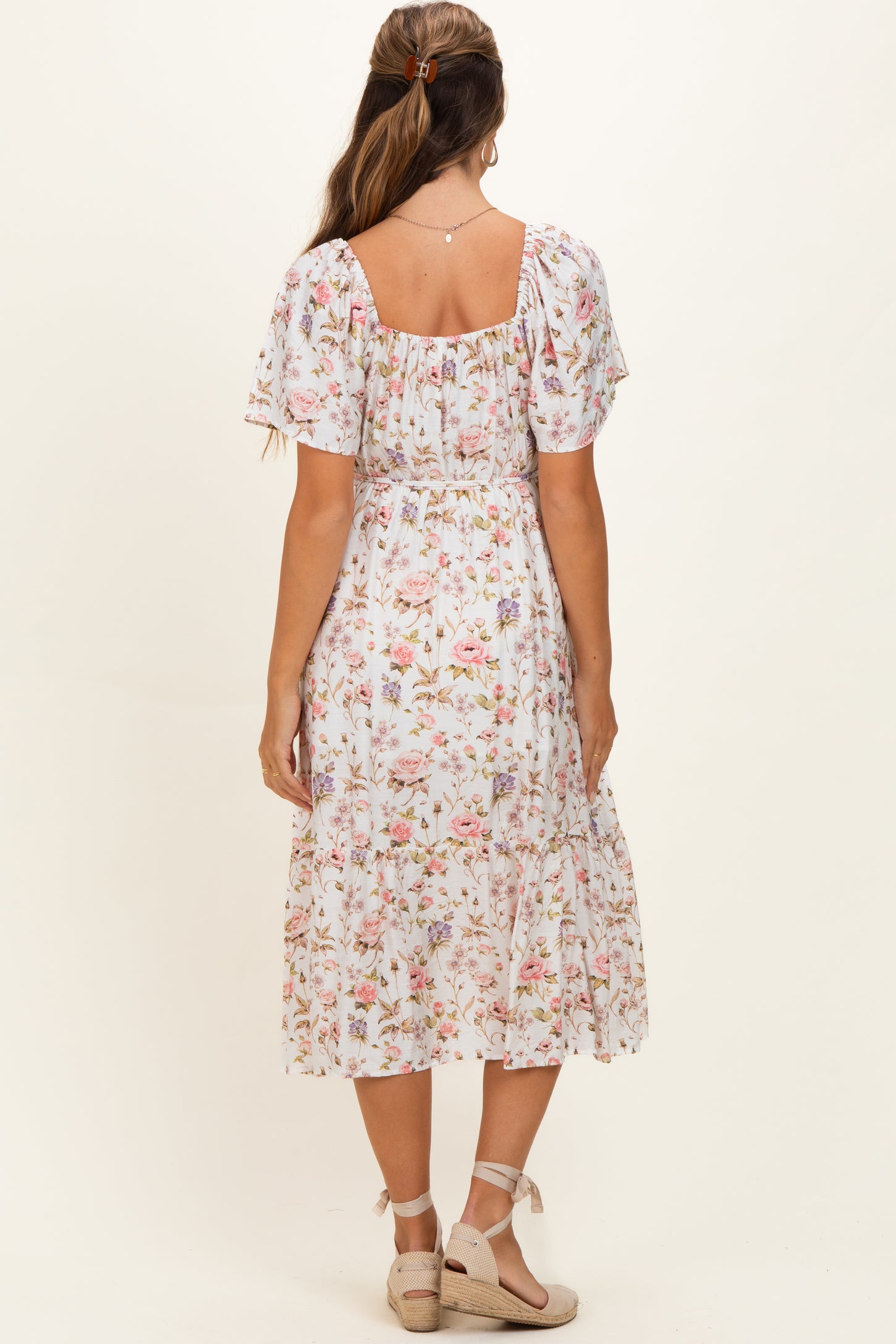 Ivory Floral Flutter Sleeve Maternity Midi Dress