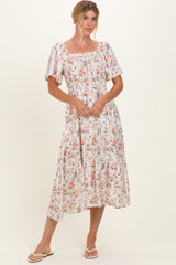 Ivory Floral Flutter Sleeve Midi Dress