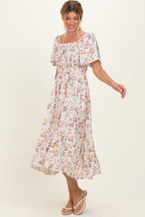 Ivory Floral Flutter Sleeve Midi Dress
