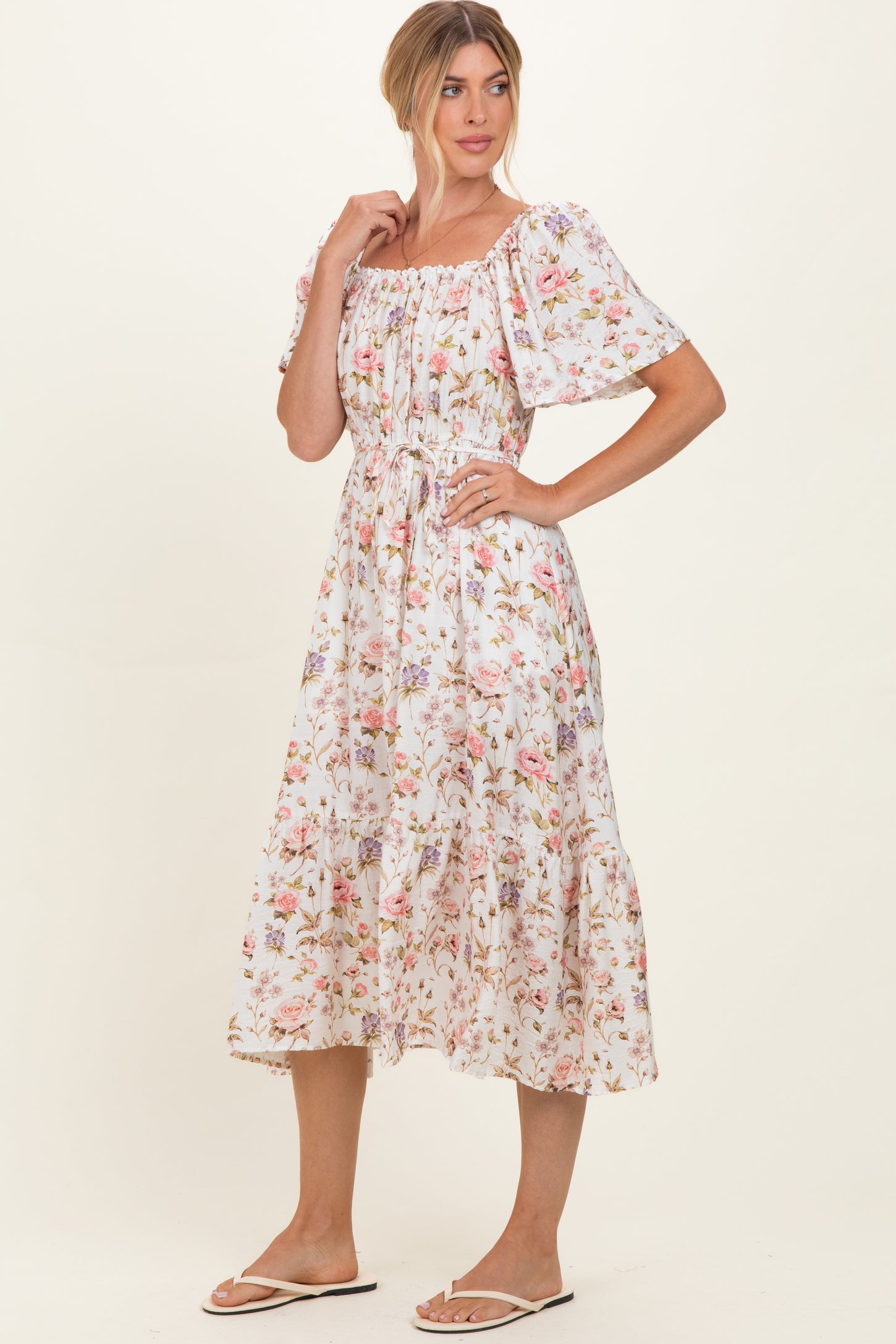 Ivory Floral Flutter Sleeve Midi Dress