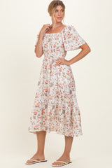 Ivory Floral Flutter Sleeve Midi Dress