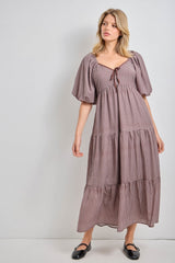 Brown Gingham Puff Sleeve Tiered Maternity Maxi Dress