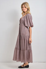 Brown Gingham Puff Sleeve Tiered Maxi Dress