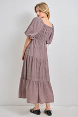 Brown Gingham Puff Sleeve Tiered Maxi Dress