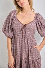 Brown Gingham Puff Sleeve Tiered Maxi Dress