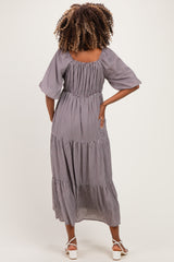 Brown Gingham Puff Sleeve Tiered Maternity Maxi Dress