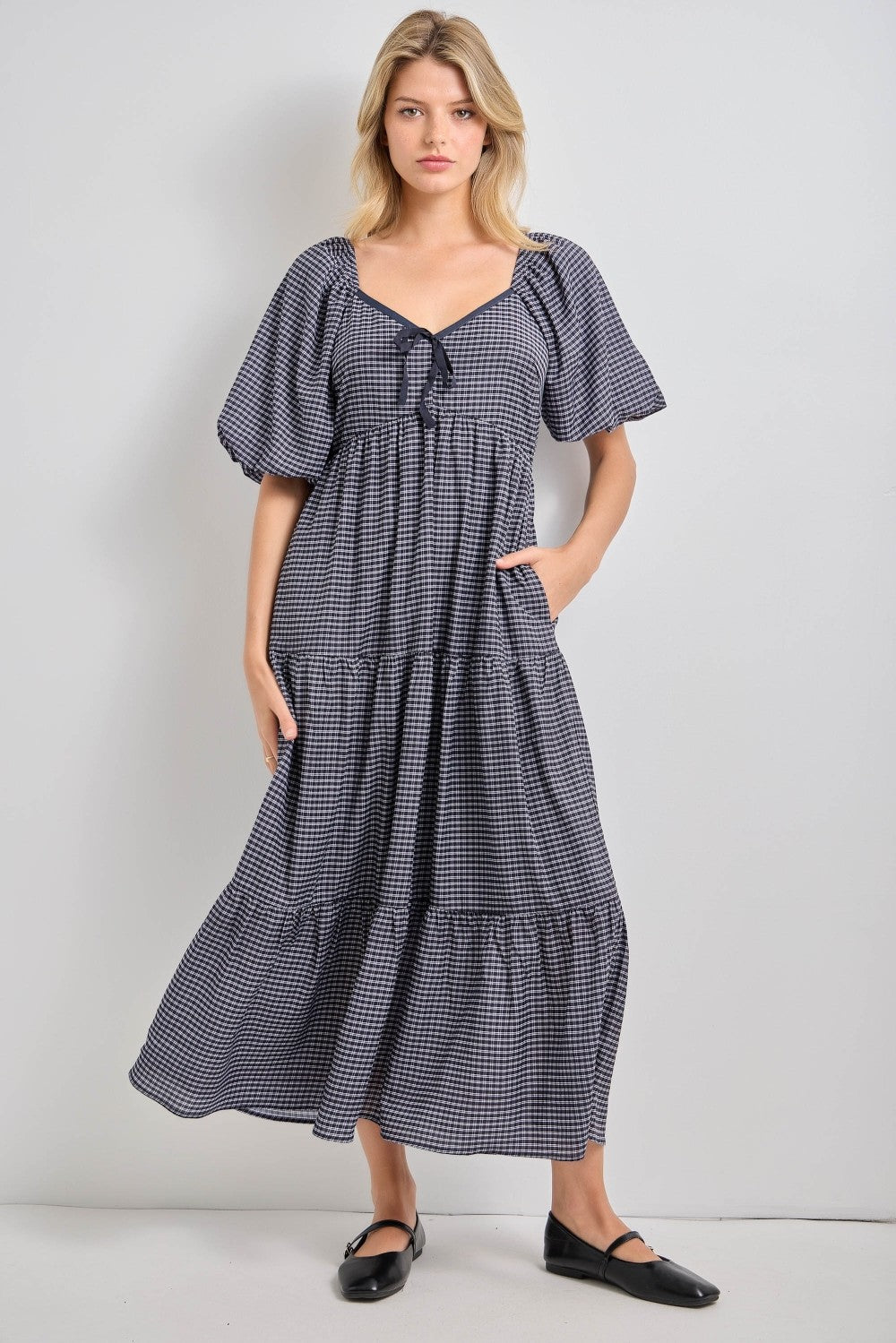 Navy Gingham Puff Sleeve Tiered Maxi Dress
