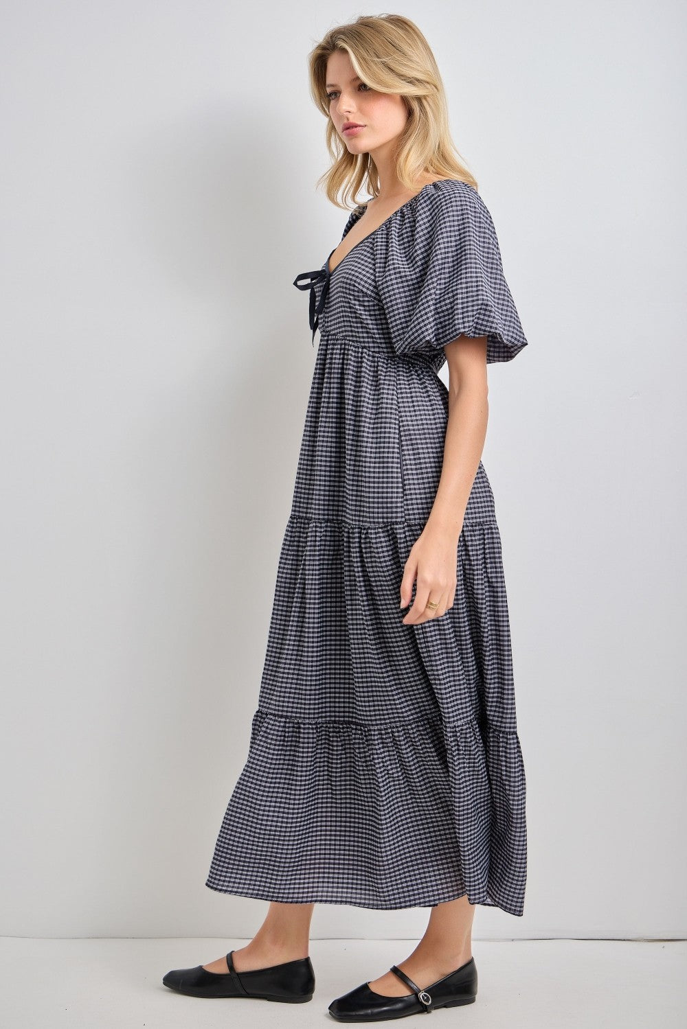 Navy Gingham Puff Sleeve Tiered Maxi Dress