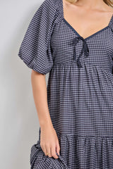 Navy Gingham Puff Sleeve Tiered Maxi Dress