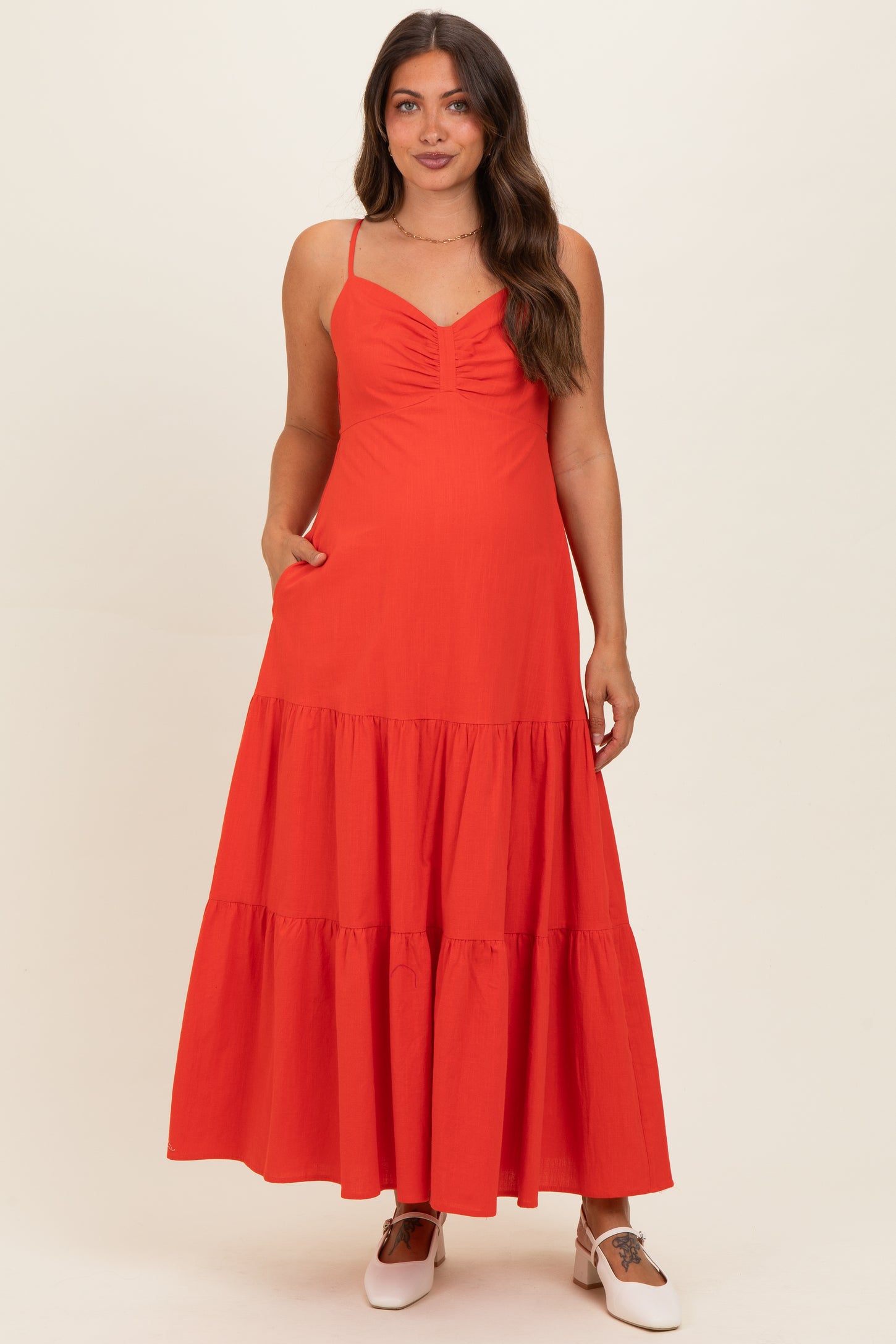 Tomato Red Tiered Maternity Maxi Dress