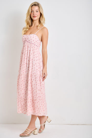 Light Pink Floral Ribbon Detail Midi Dress