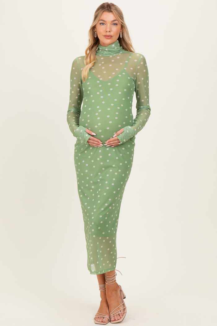 Kiwi Polka Dot Mesh Overlay Maternity Midi Dress