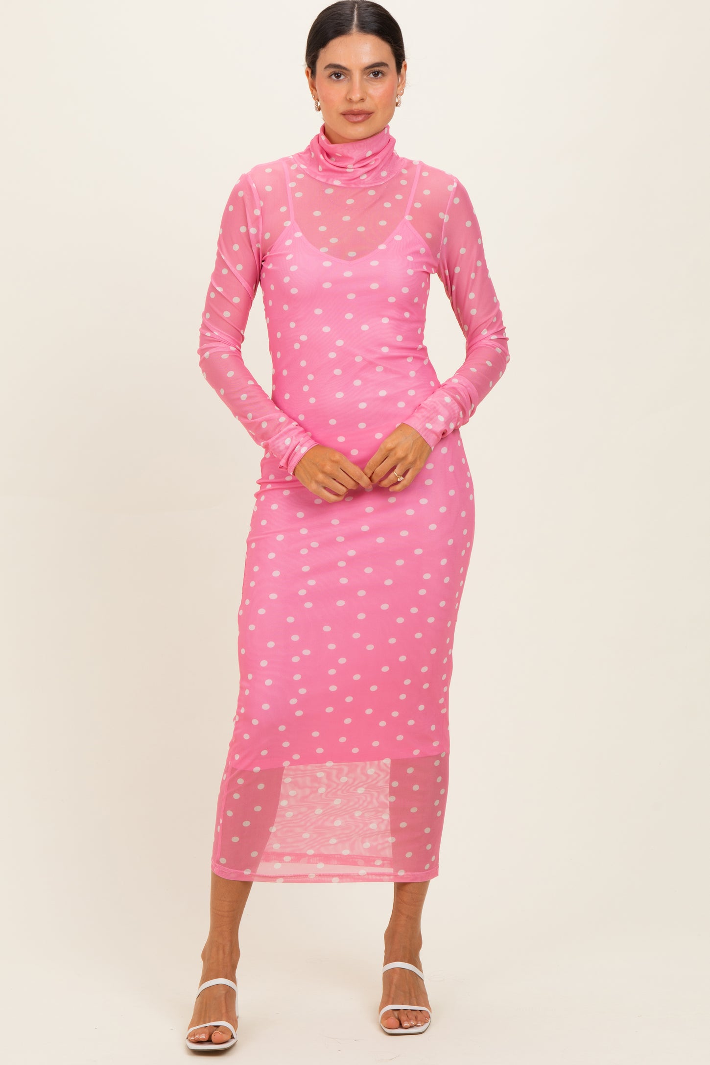 Pink Polka Dot Mesh Overlay Midi Dress