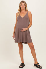 Brown Ribbed Sleeveless Front Seam Maternity Dress