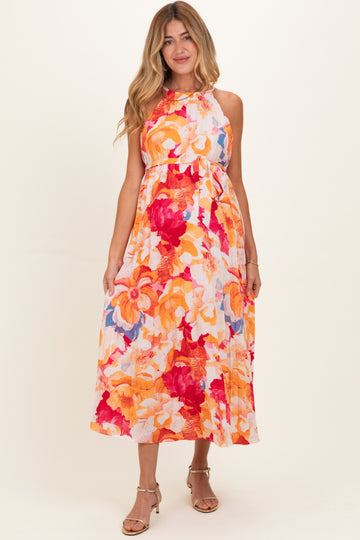 Coral Floral Pleated Maternity Midi Dress