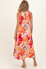 Coral Floral Pleated Maternity Midi Dress
