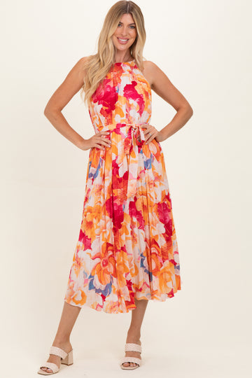Coral Floral Pleated Midi Dress