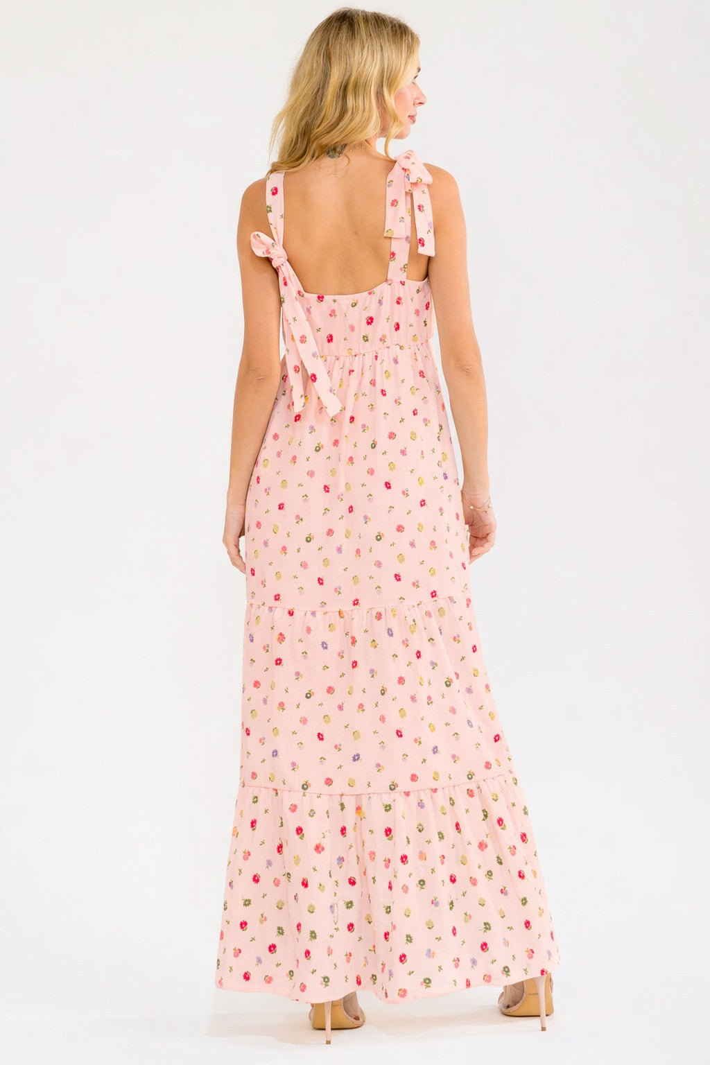 Blush Floral Tiered Shoulder Tie Maxi Dress