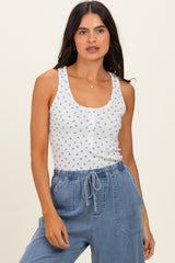 Blue Floral Pointelle Knit Button Tank Top