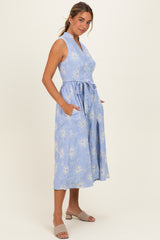 Light Blue Embroidered Sleeveless Midi Shirt Dress