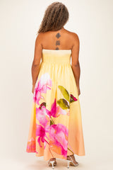 Light Yellow Floral Strapless Plus Maxi Dress