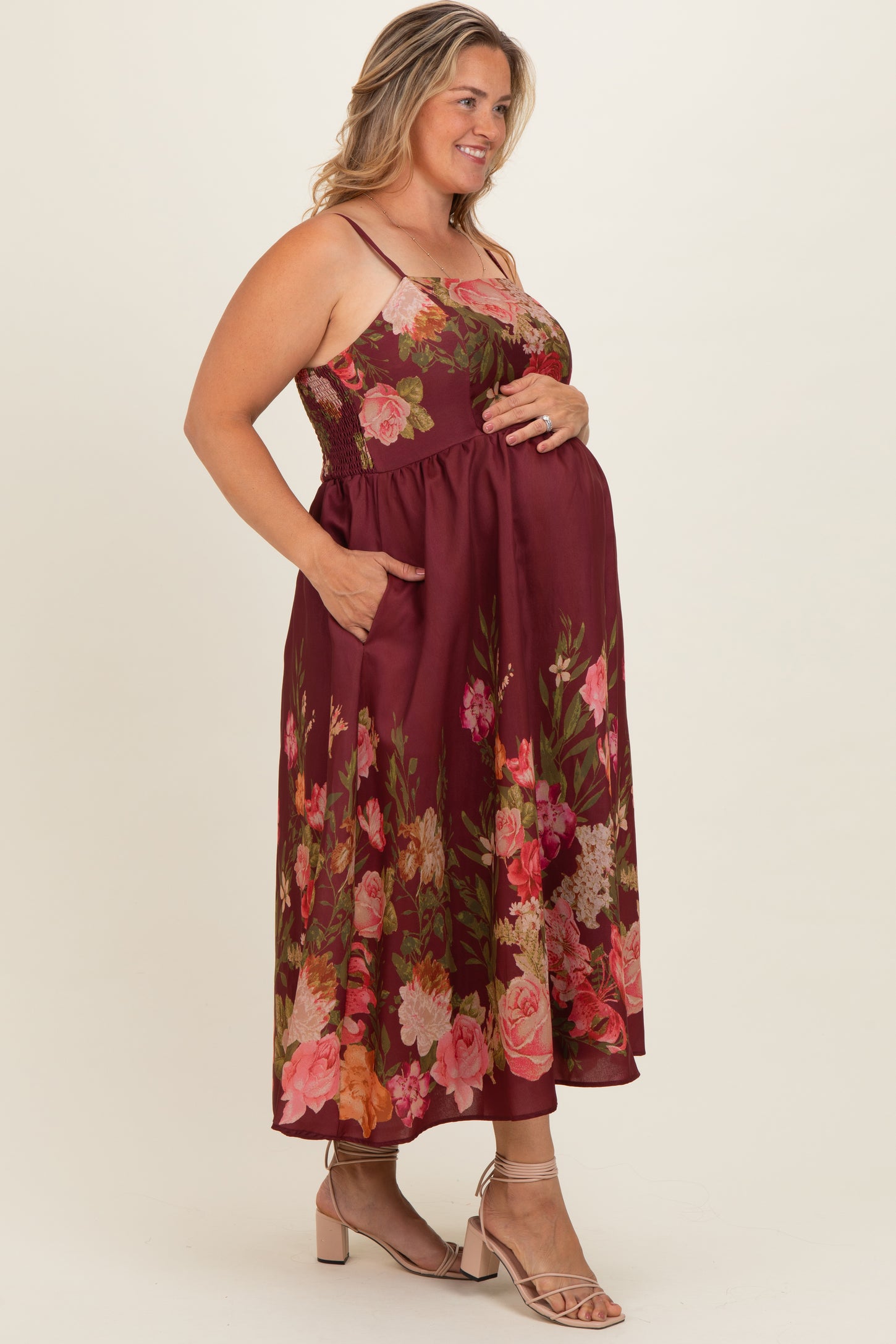 Burgundy Floral Thin Strap Maternity Plus Maxi Dress