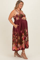 Burgundy Floral Thin Strap Maternity Plus Maxi Dress