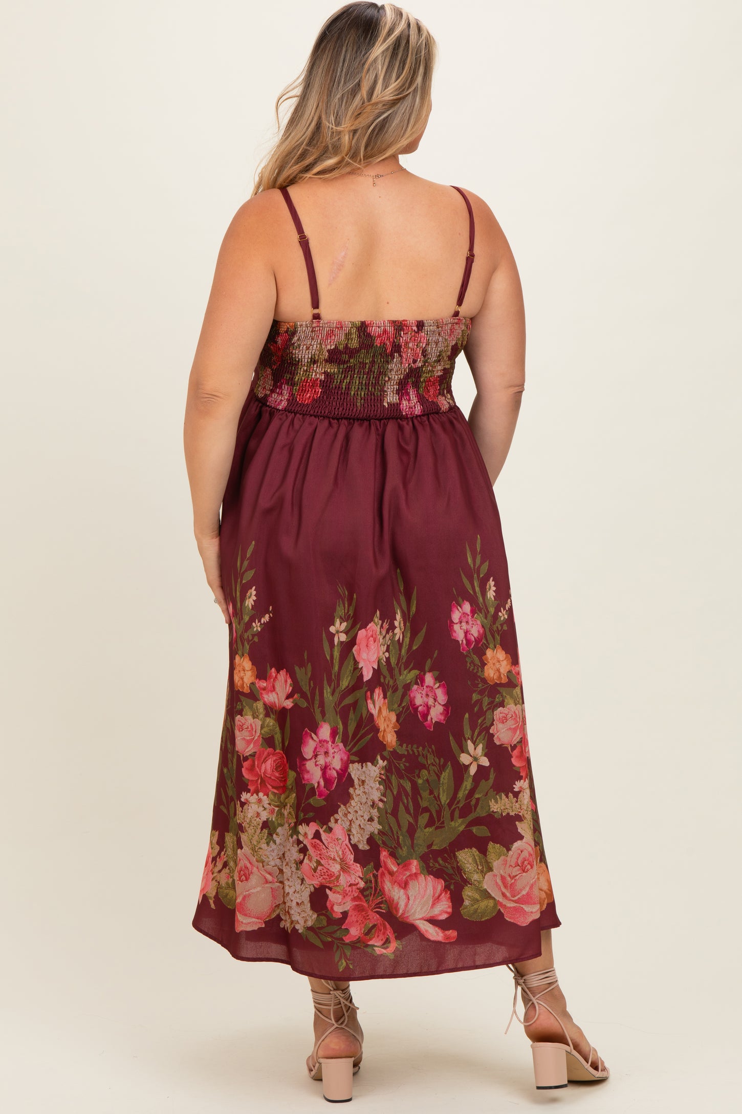 Burgundy Floral Thin Strap Maternity Plus Maxi Dress