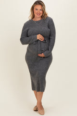 Charcoal Ribbed Tie Waist Maternity Plus Sweater Dress