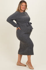 Charcoal Ribbed Tie Waist Maternity Plus Sweater Dress