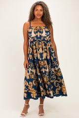 Dark Teal Damask Sleeveless Plus Maxi Dress