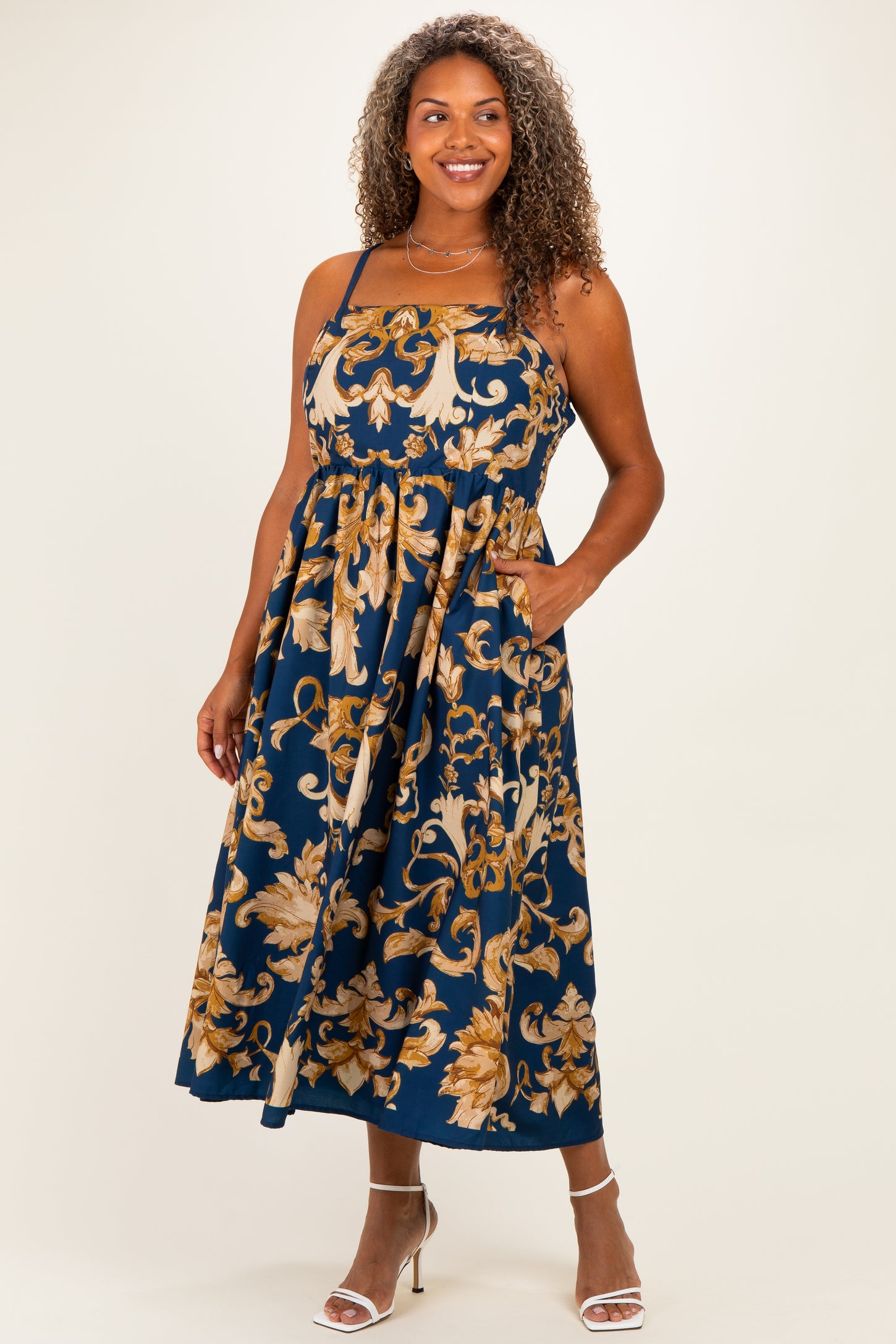 Dark Teal Damask Sleeveless Plus Maxi Dress