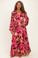 Burgundy Floral Deep V-Neck Plus Maxi Dress