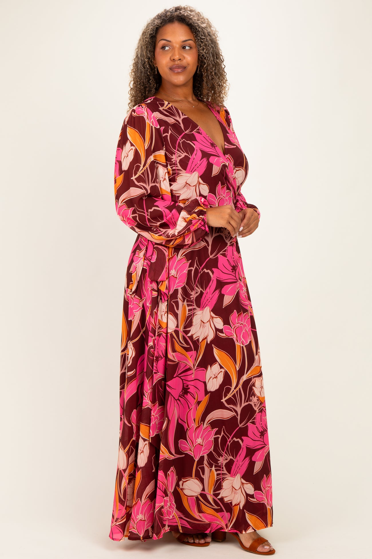 Burgundy Floral Deep V-Neck Plus Maxi Dress