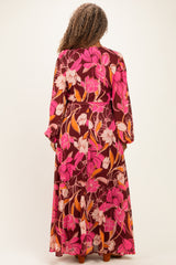 Burgundy Floral Deep V-Neck Plus Maxi Dress
