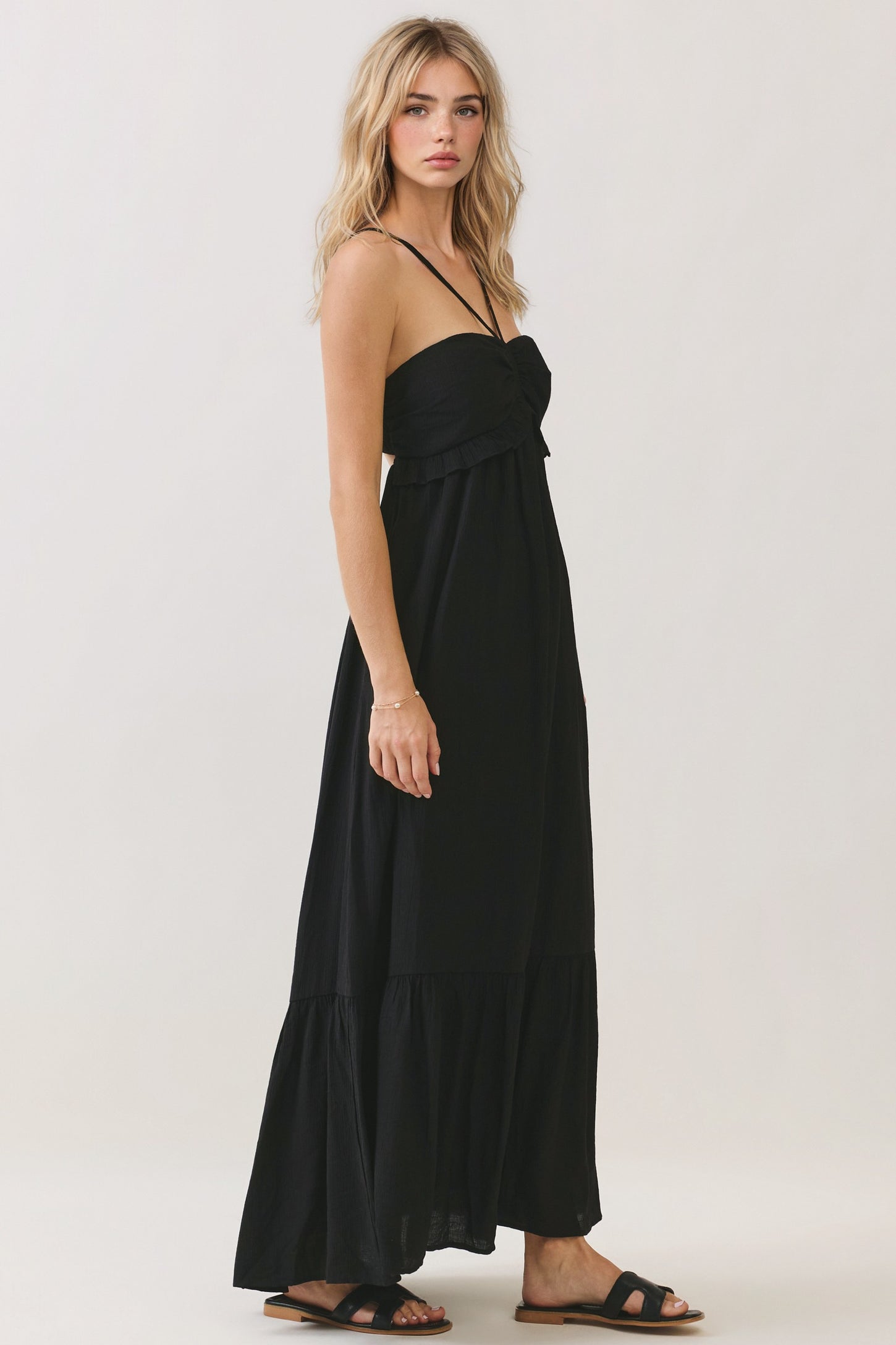 Black Halter Neck Tiered Cutout Maxi Dress